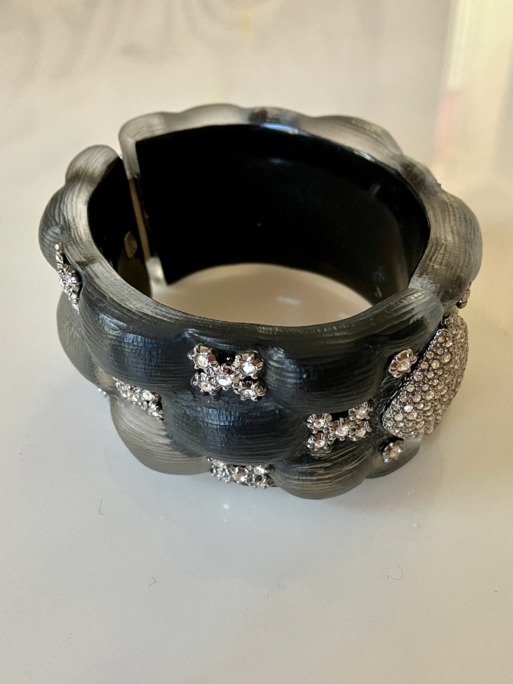Glamour! Alexis Bittar Black w/Sparkling Accents Hinged Cuff Bangle Chanel Style